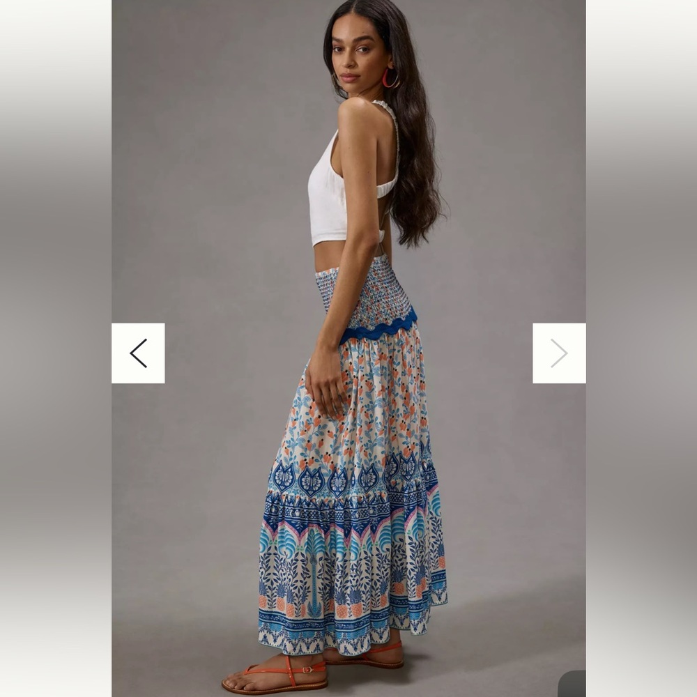 Farm Rio x Anthropologie Blue Ruffled Printed Tapestry Maxi Skirt - Picture 2 of 12
